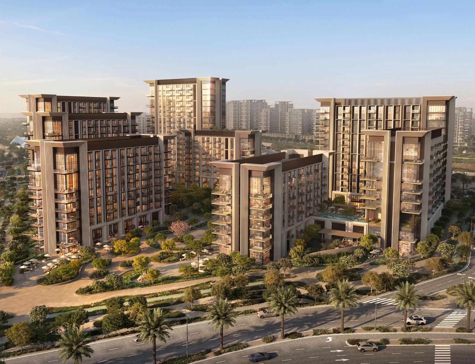 Aerial render of the Sei Saadiyat residential towers, gardens and pool deck by Aldar