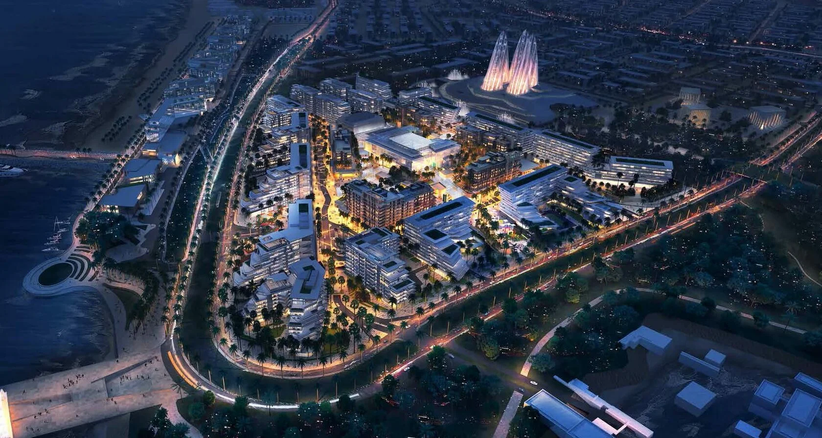 Aerial view at dusk over the Saadiyat Cultural District, the Zayed National Museum lit beyond