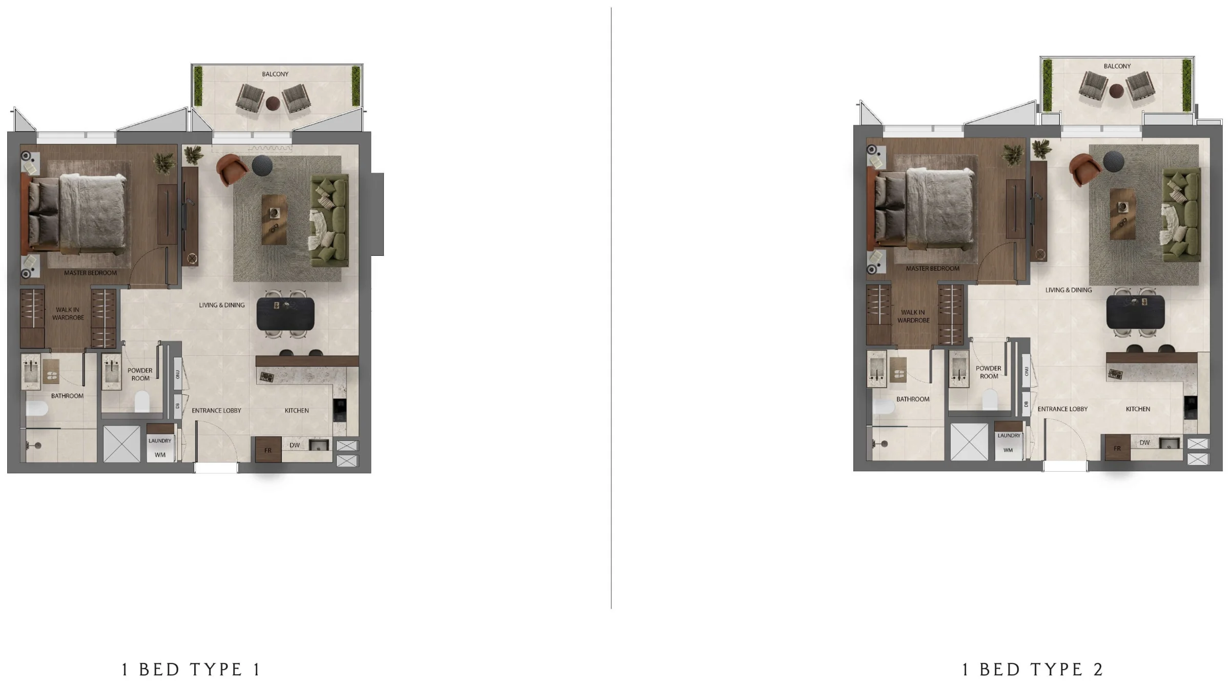 Dimensioned floor plans for Sei Saadiyat 1 Bed Type 1 and Type 2 apartments