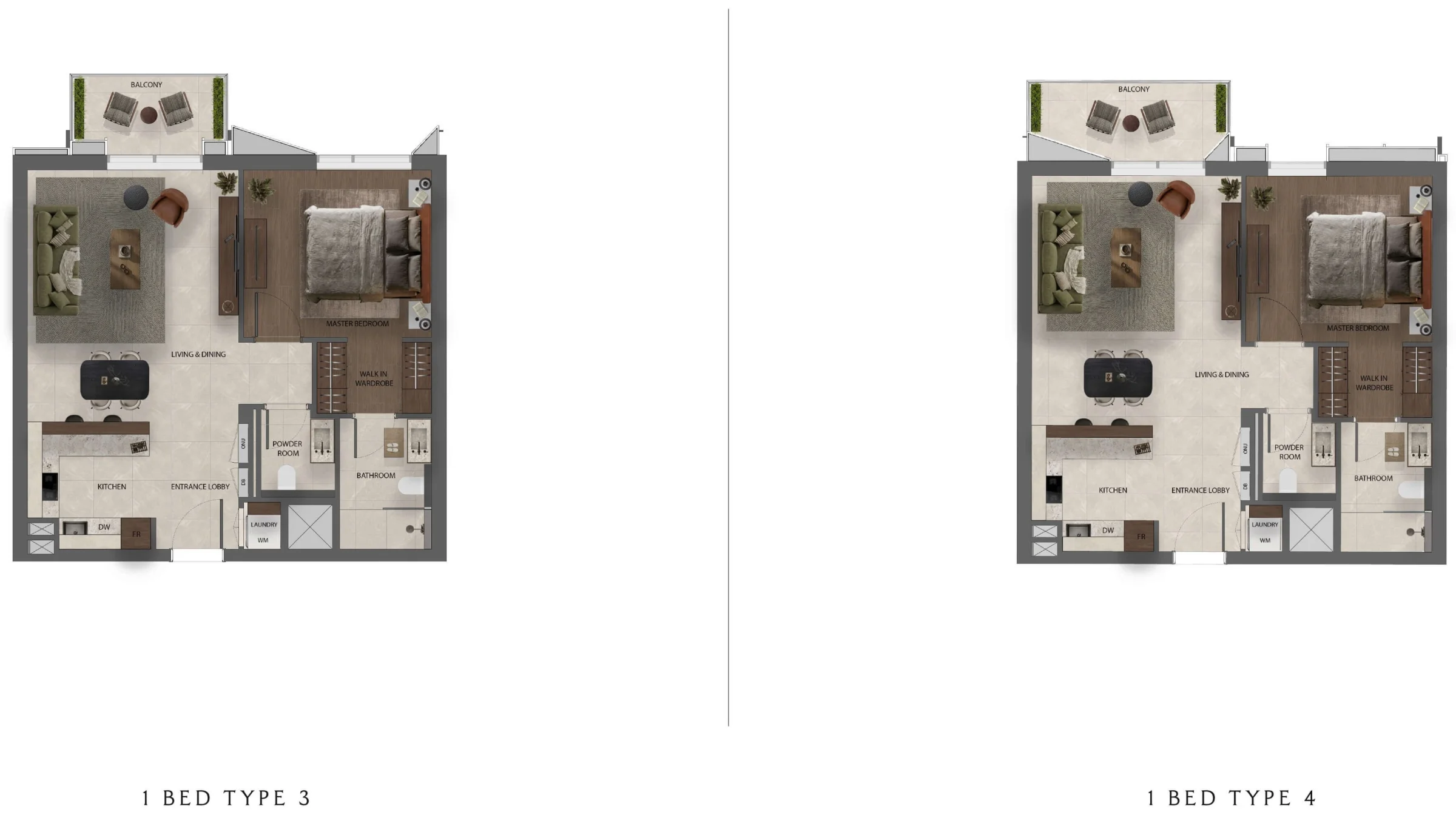 Dimensioned floor plans for Sei Saadiyat 1 Bed Type 3 and Type 4 apartments