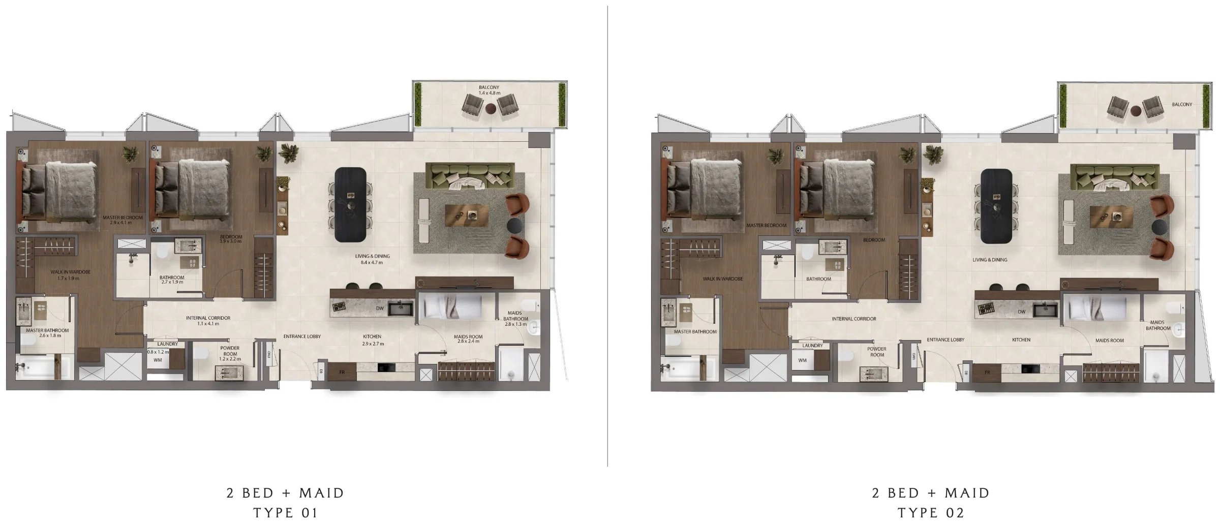 Dimensioned floor plans for Sei Saadiyat 2 Bed plus Maid's Room Type 1 and Type 2 apartments