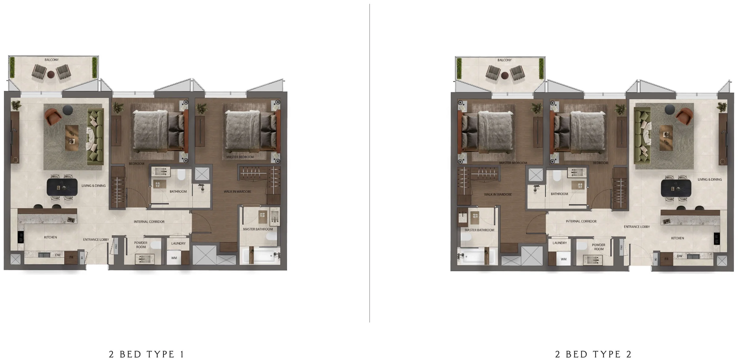 Dimensioned floor plans for Sei Saadiyat 2 Bed Type 1 and Type 2 apartments