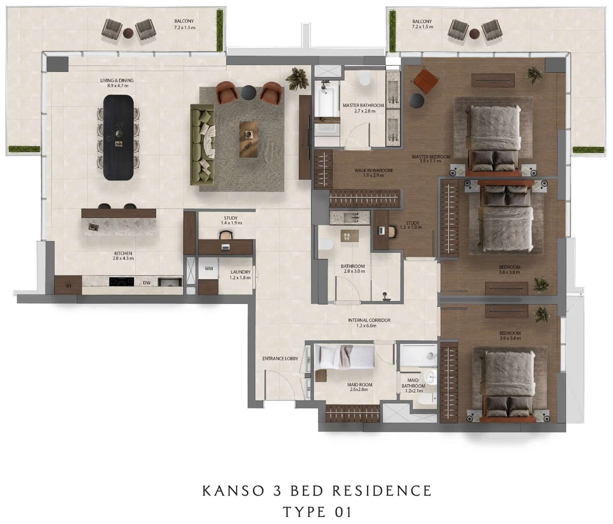 Dimensioned floor plan for the Sei Saadiyat Kanso 3 Bed Residence Type 1