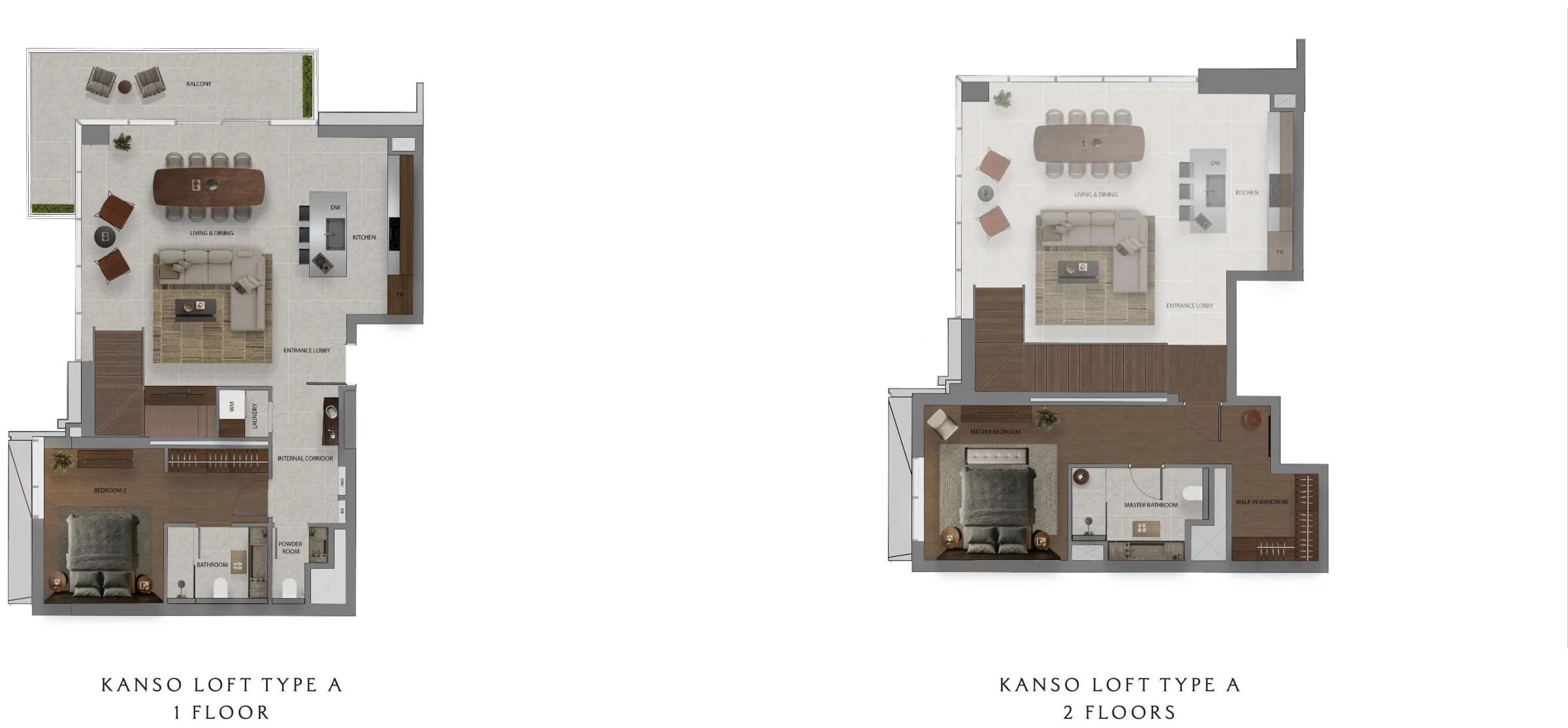 Dimensioned floor plan for the Sei Saadiyat Kanso Loft Type A, lower and upper floor