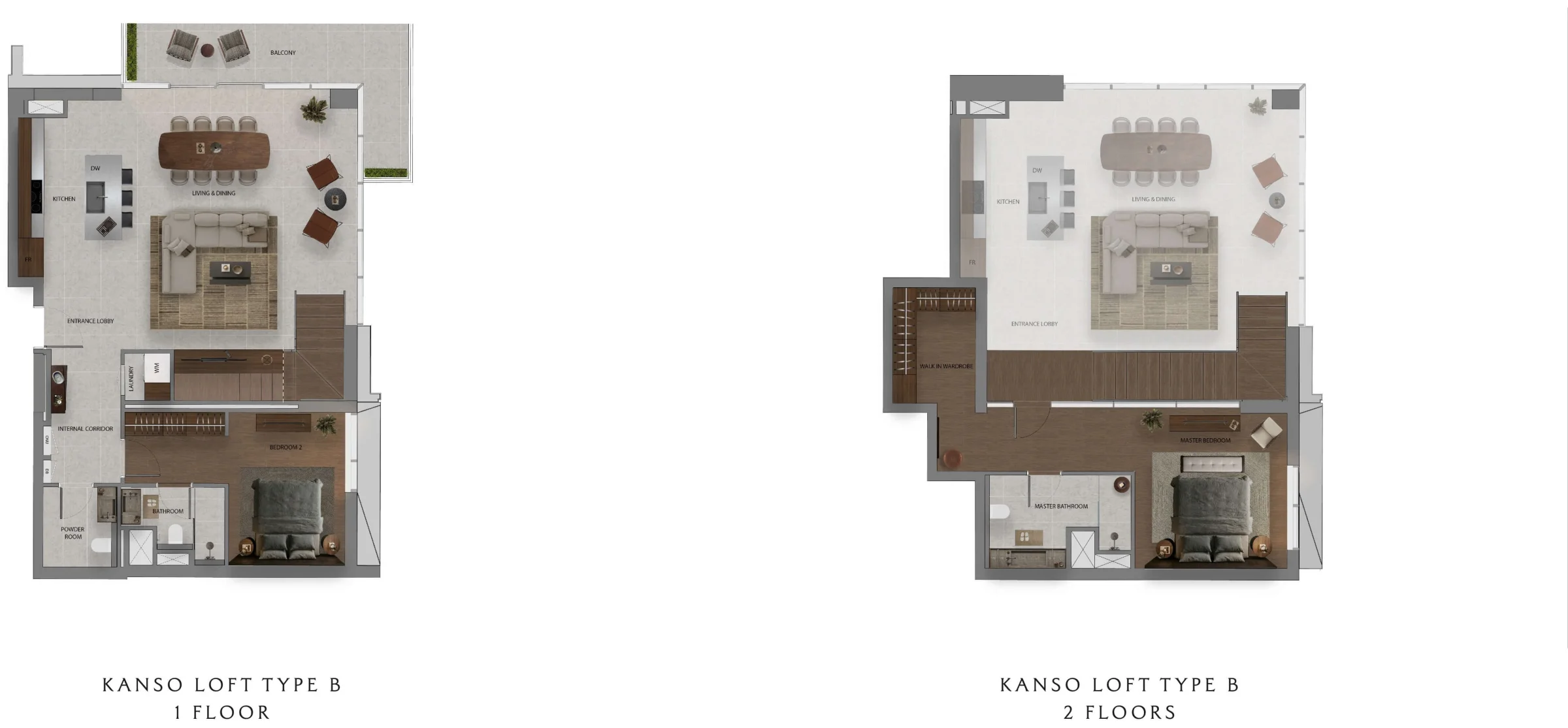 Dimensioned floor plan for the Sei Saadiyat Kanso Loft Type B, lower and upper floor