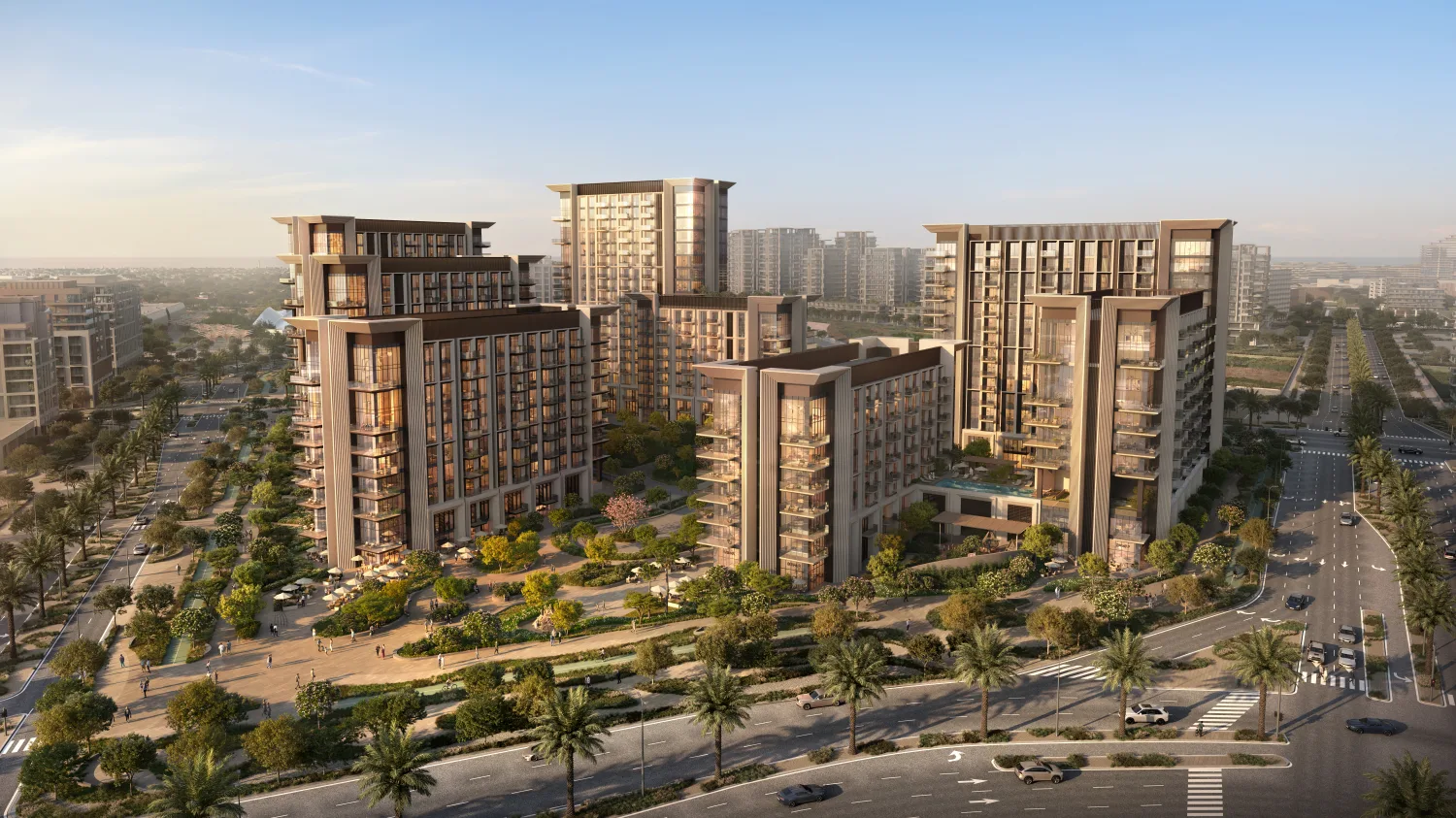 Daytime aerial render of the Sei Saadiyat residential towers