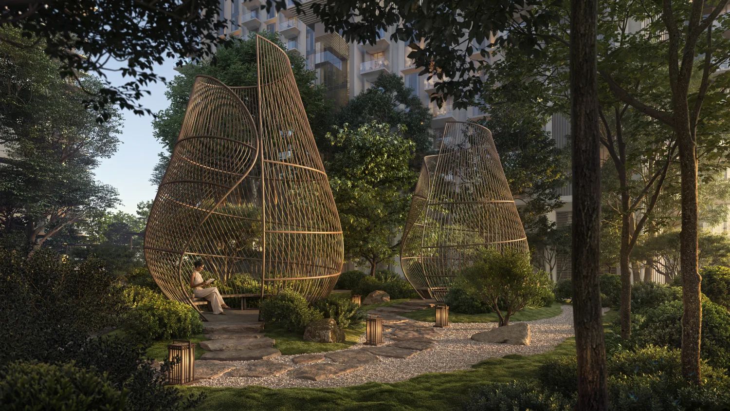 Render of sculptural pod-like garden pavilions at Sei Saadiyat