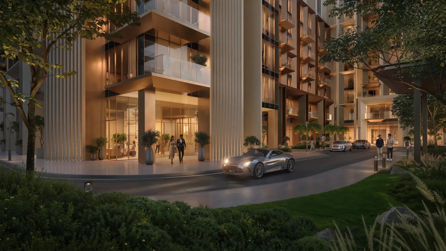 Render of the Sei Saadiyat arrival drive at dusk