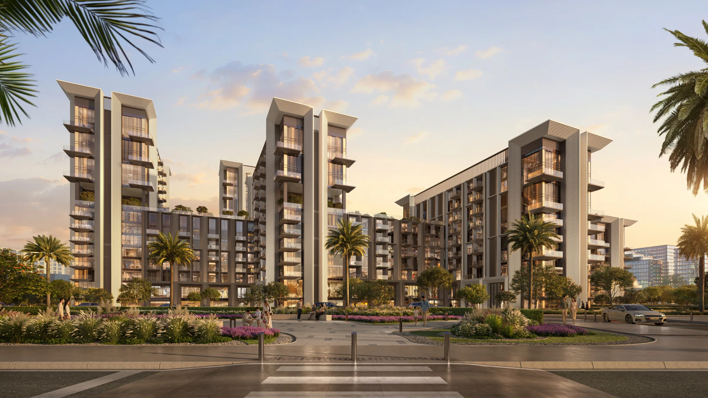 Street-level render of the Sei Saadiyat residential facade at golden hour