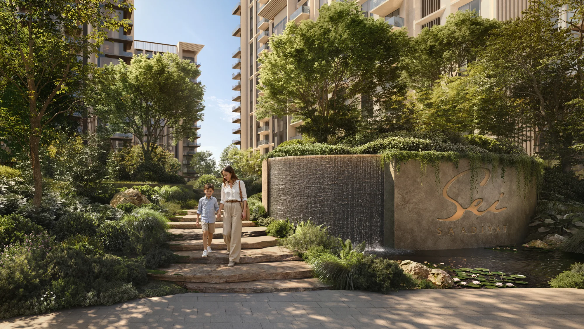Render of the Sei-branded water feature and garden path at Sei Saadiyat