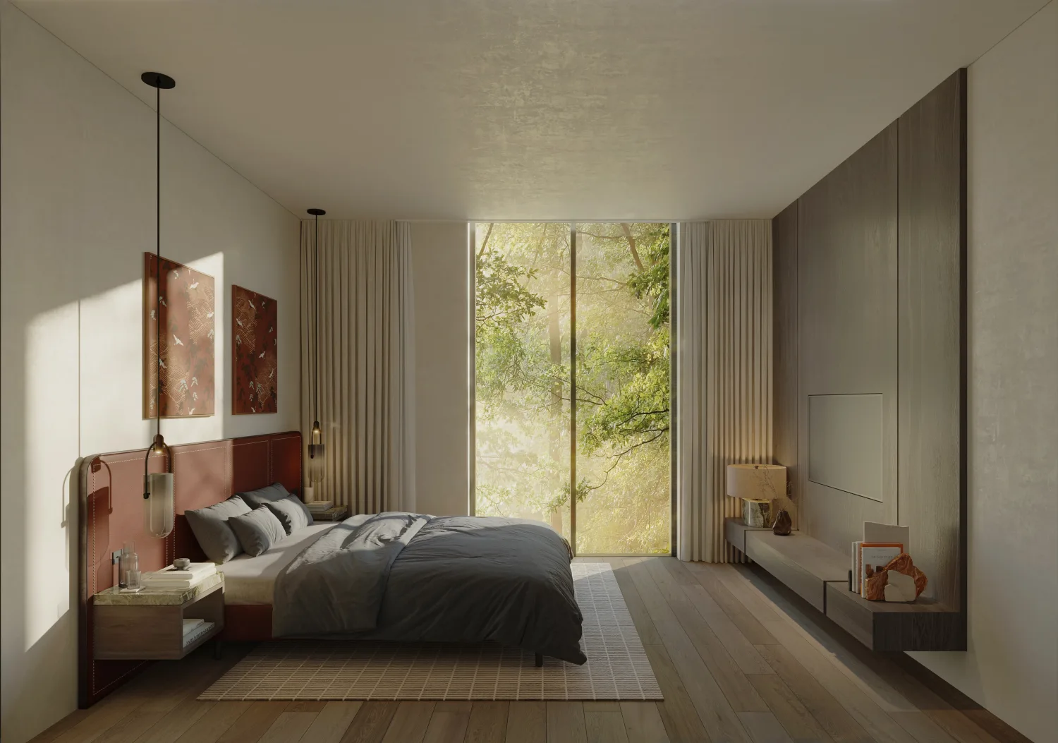 Sunlit Sei Saadiyat bedroom render with floor-to-ceiling windows onto greenery