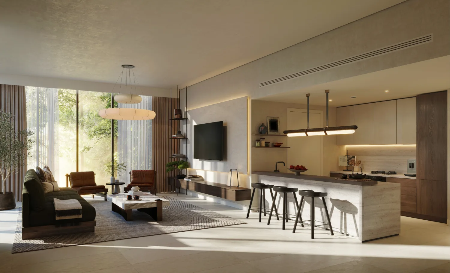 Render of a Sei Saadiyat apartment living room