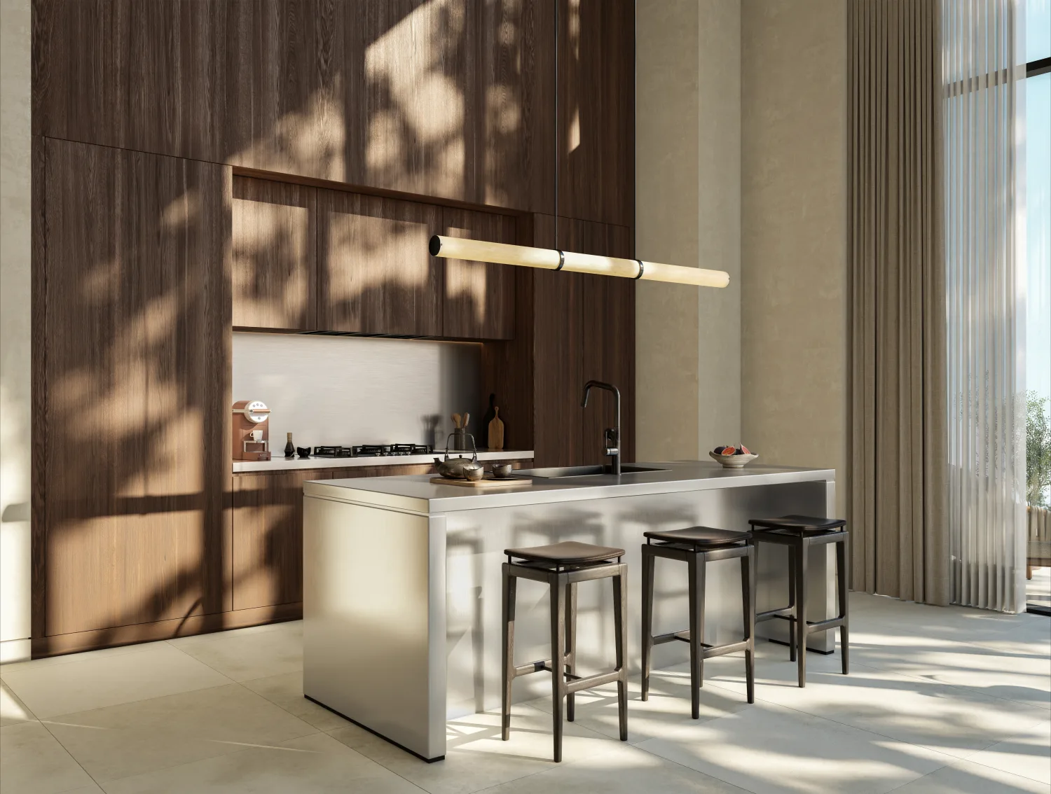 Kanso Loft kitchen render with timber panelling and a stone island