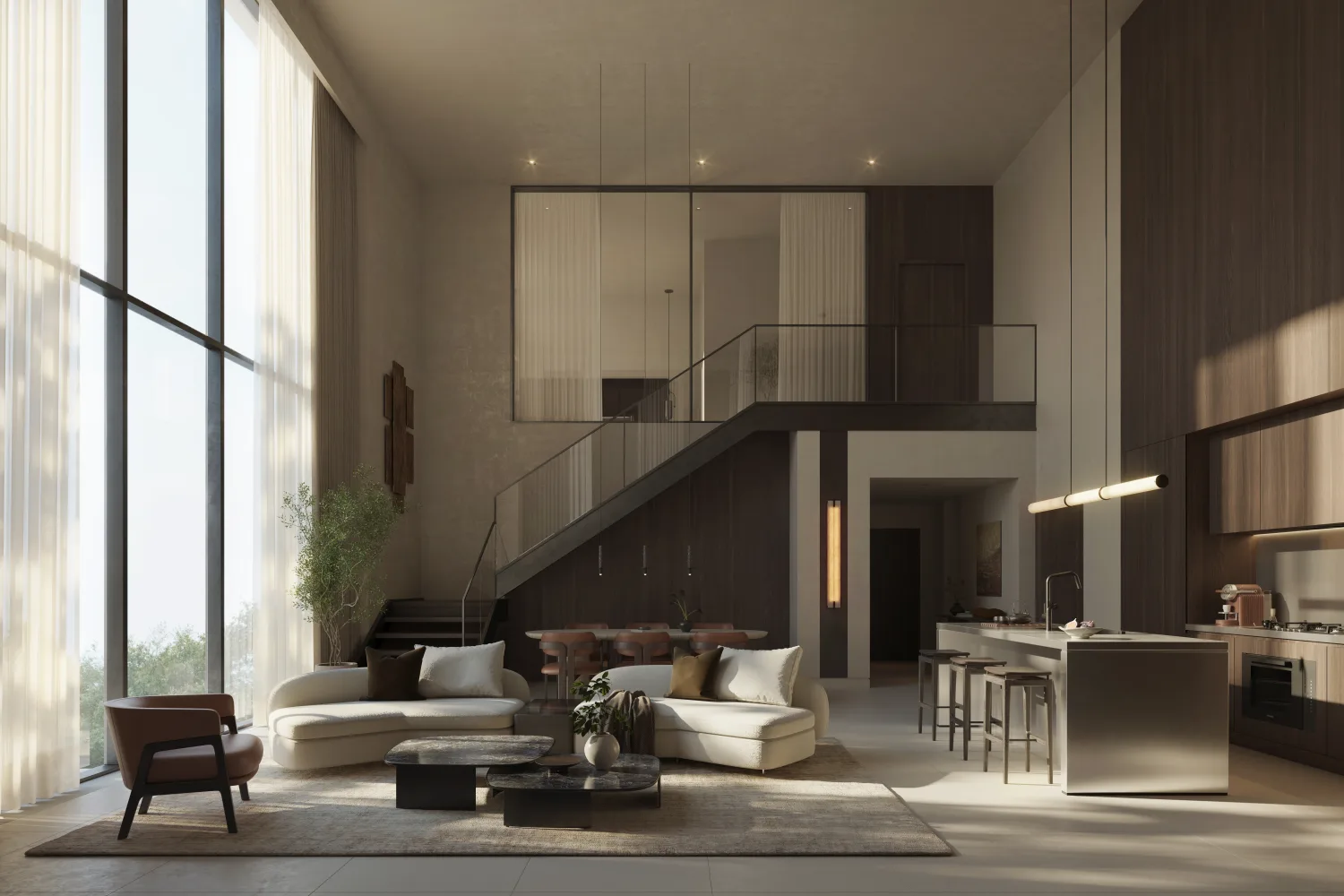 Double-height Kanso Loft living room render with a mezzanine staircase