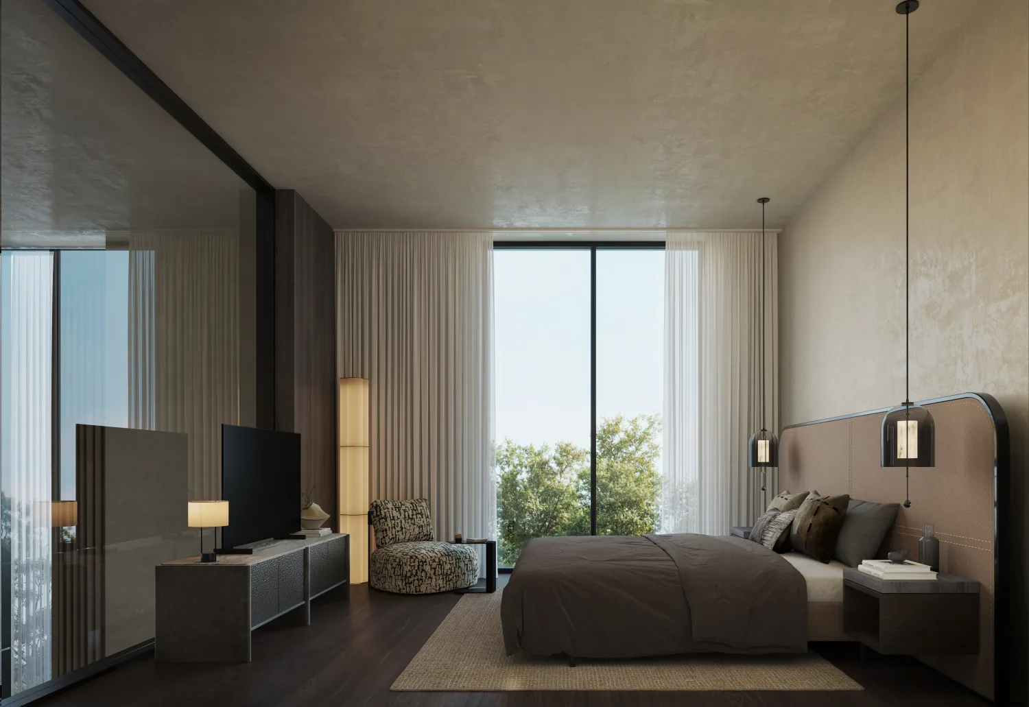 Calm Kanso Loft bedroom render overlooking greenery