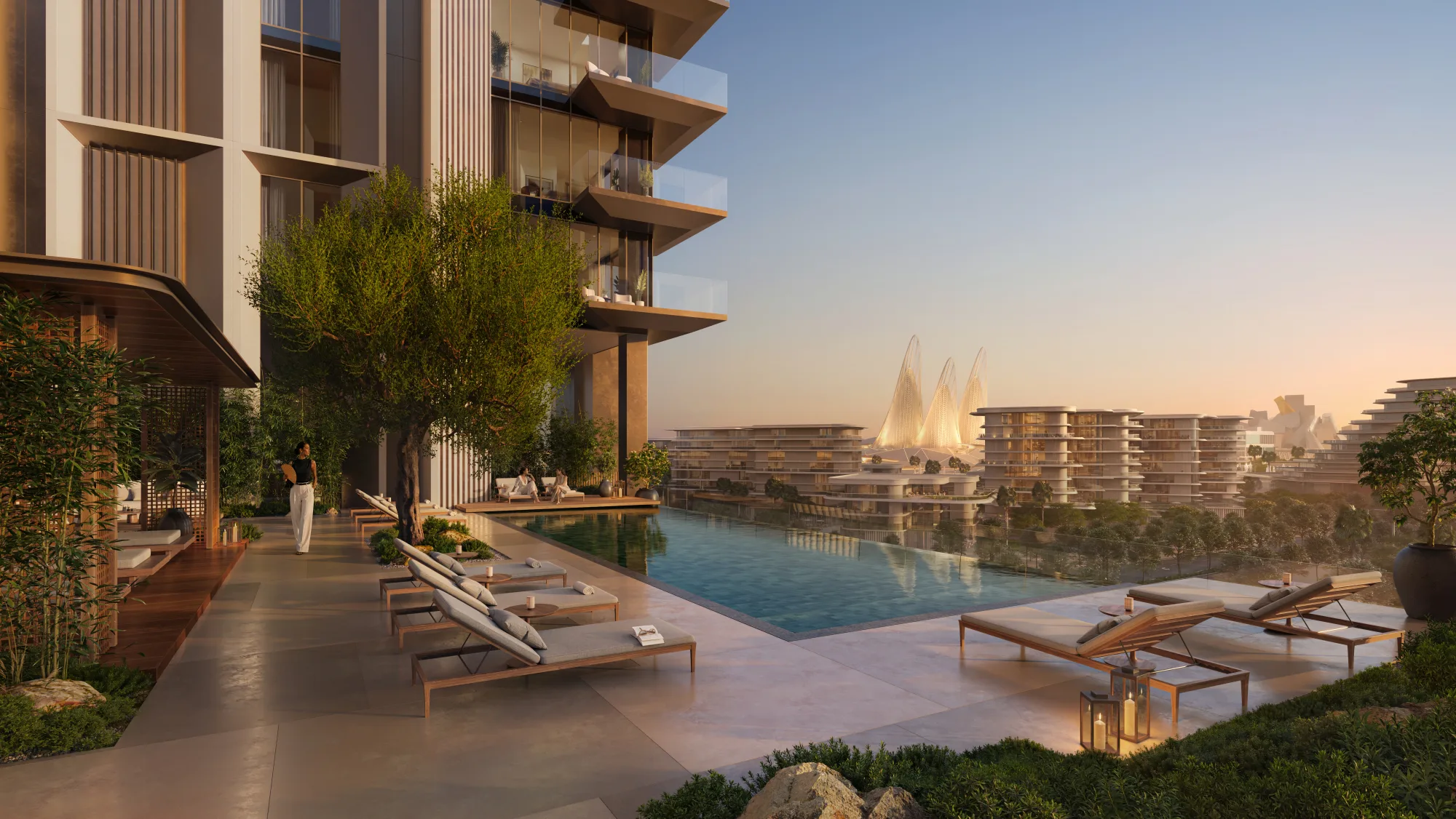Render of the Sei Saadiyat rooftop pool terrace at dusk