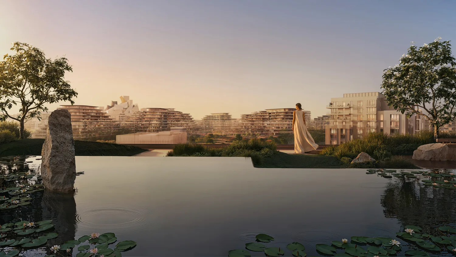 Render of a reflective pool at Sei Saadiyat at dusk