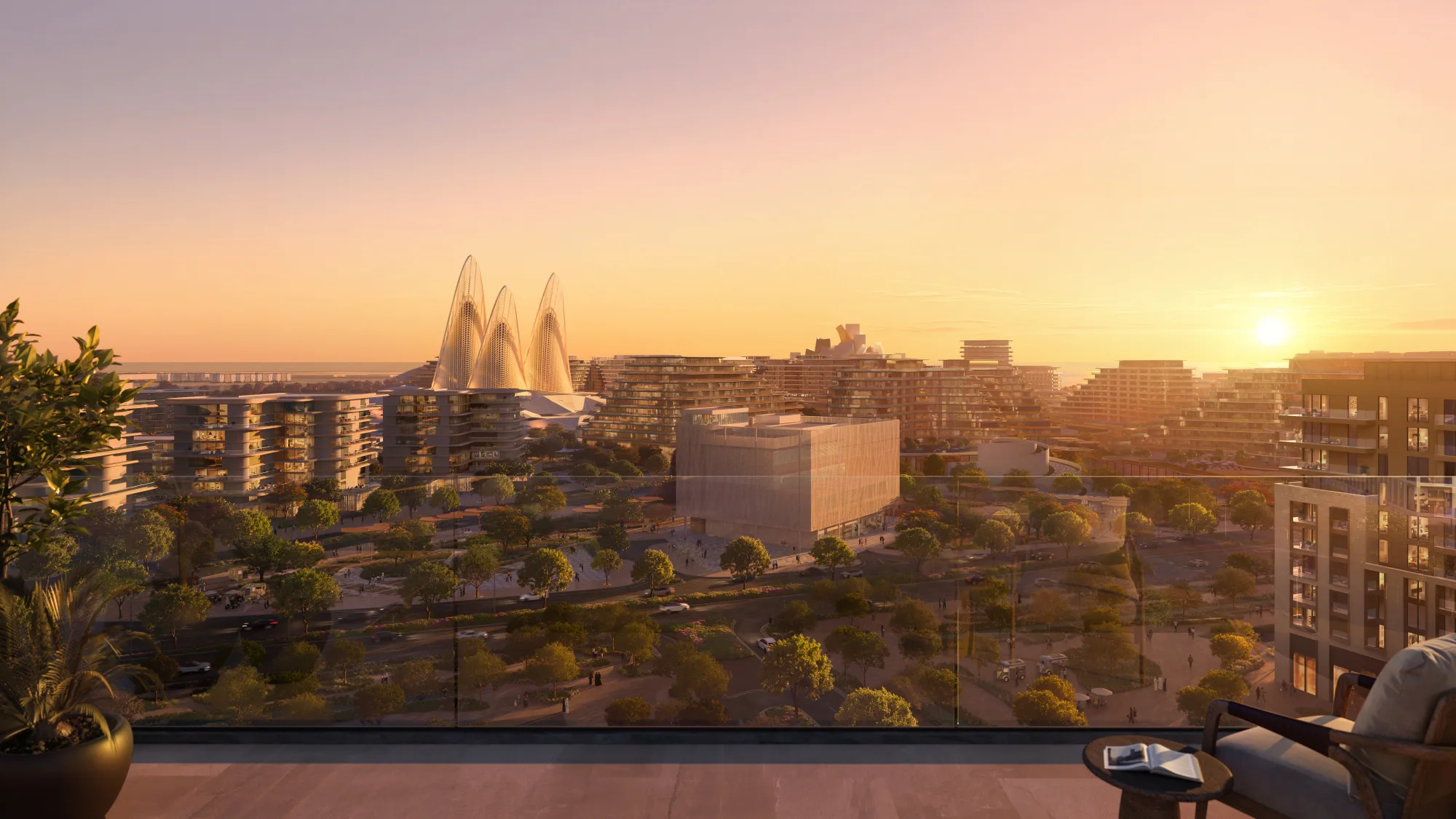 Render of the Cultural District skyline at sunset from a Sei Saadiyat rooftop