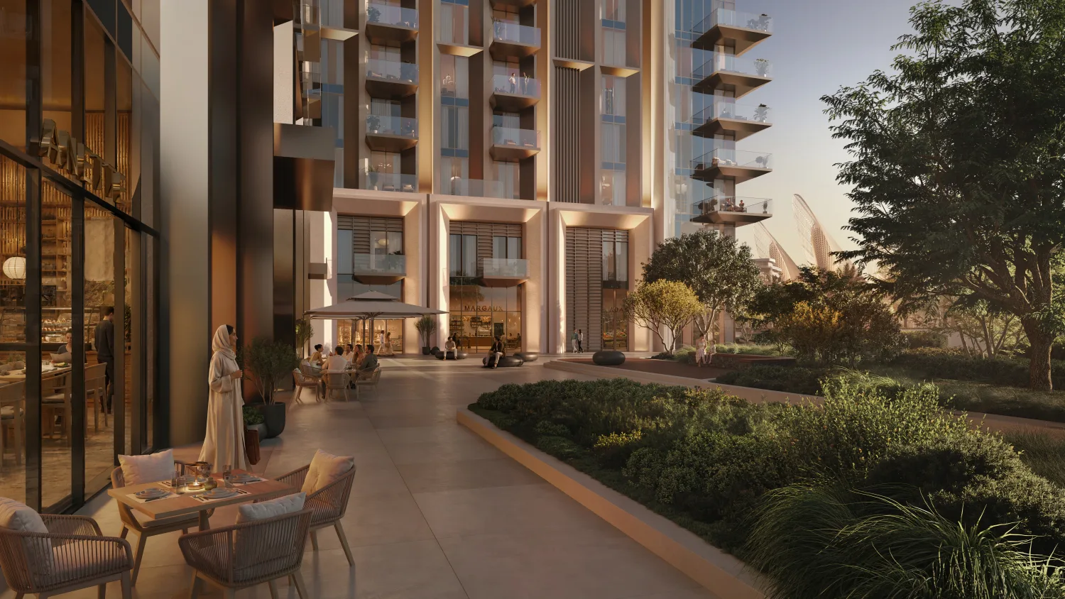 Render of a Sei Saadiyat ground-floor terrace and café